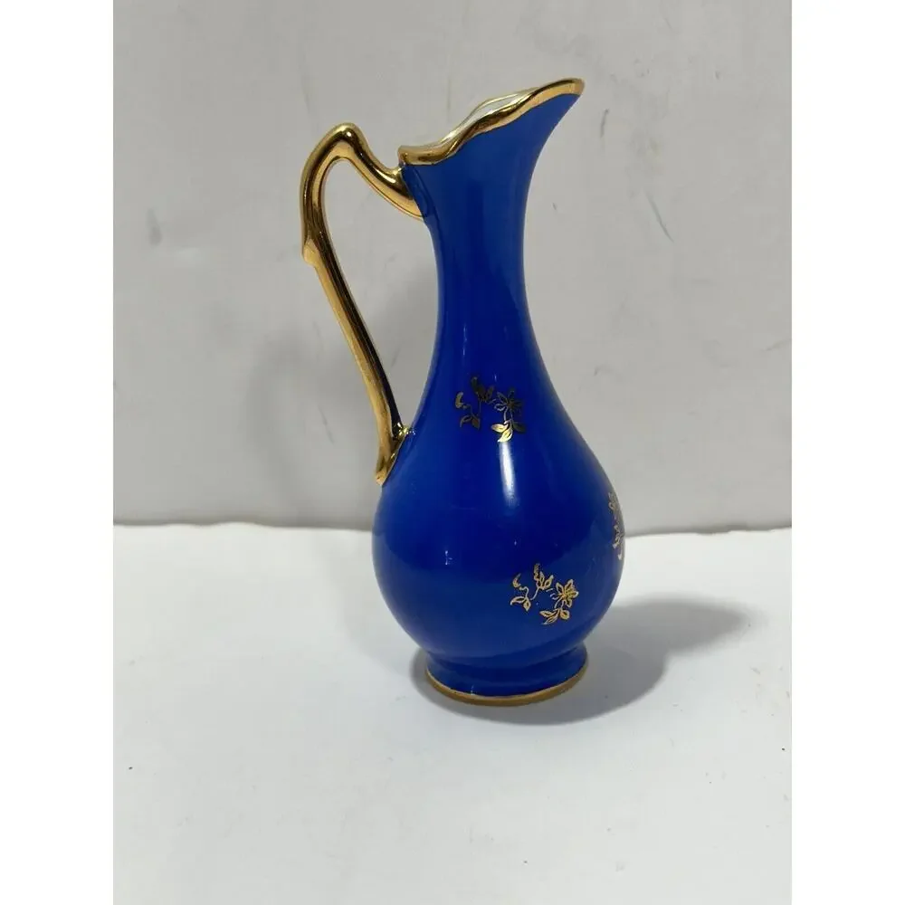 Limoges‎ France Blue Cobalt / Gold Miniature Pitcher vase W/ Courting Couple